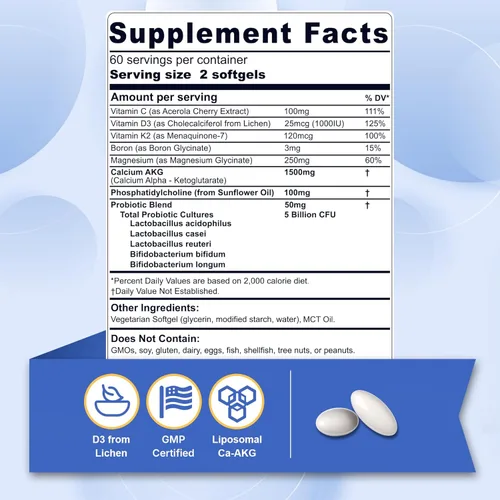 Miniatura 2 de Suplemento AKG de calcio liposomal de 1500 mg con cápsulas blandas de vitamina D3 y K2 para mujeres y hombres│ Alta absorción│Suplementos de calcio