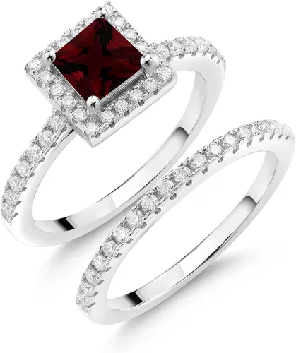 Miniatura 24 de 925 Sterling Silver Halo Bridal Ring Band Set for Women 5MM Princess Cut Gemstone Birthstone with Round White Moissanite Accents Wedding