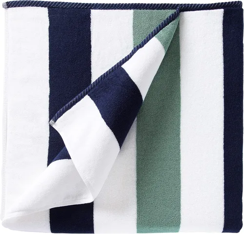 Laguna Beach Textile Co. Toalla de Playa a Rayas Cabana - Extragrande, Felpa de Algodón 630 GSM - Azul Medianoche y Verde Espuma de Mar Azul