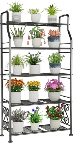 Miniatura 8 de GIOTORENT Soporte para plantas para interiores y exteriores, estantes de metal resistente de 4 niveles, exhibe hasta 17 plantas múltiples, soporte
