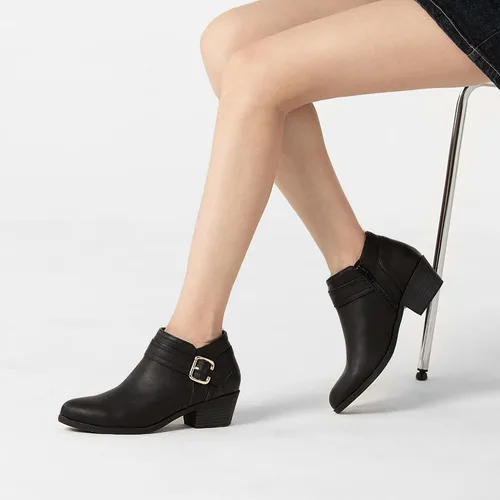 Miniatura 6 de Athlefit Botines gruesos de tacón bajo para mujer, botines clásicos con punta puntiaguda y cremallera lateral