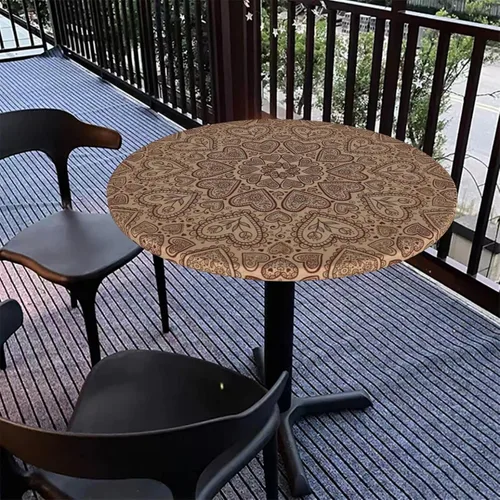Miniatura 4 de Mantel redondo de mandala marrón, cocina, comedor o exterior, impermeable y lavable, mantel redondo con bordes elásticos, marrón castaño beige, se