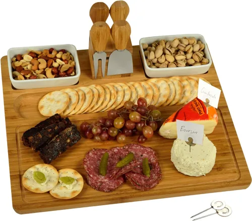 Miniatura 2 de Tabla de cortar de queso/embutidos de bambú grabada personalizada con cuencos de cerámica, herramientas de queso y marcadores de queso, diseñada