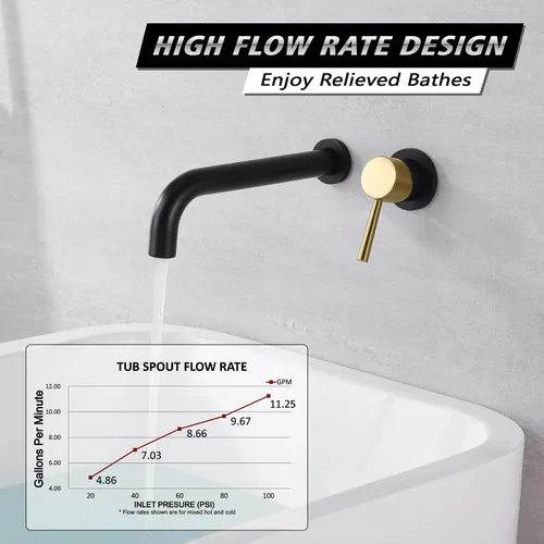 Miniatura 3 de SUMERAIN Grifo de bañera de montaje en pared Grifo de bañera de baño con boquilla de llenado de bañera larga, acabado negro y dorado, manija única
