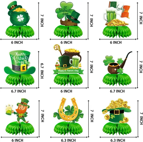 Miniatura 2 de 9 piezas de decoraciones de panal del día de San Patricio, centros de mesa de temática irlandesa surtidos con duendes, ollas de oro, tréboles