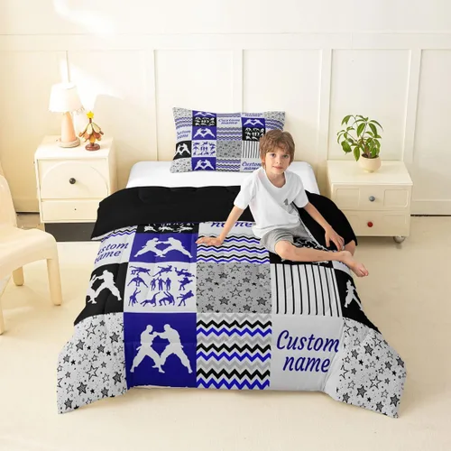 Miniatura 50 de Juego de edredón de softbol personalizado, juego de ropa de cama de retazos a cuadros para niños y niños, edredón de bate de béisbol, juego