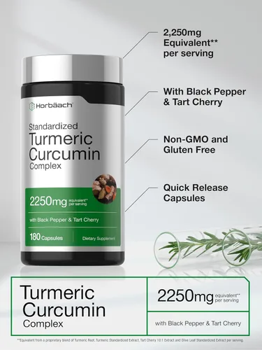 Miniatura 8 de Horbäach Suplemento de curcumina de cúrcuma 2250 mg 180 cápsulas con pimienta negra y cereza agria Sin OMG y sin gluten