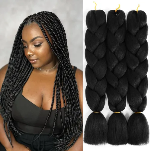 SuCoo Extensiones de cabello trenzado Jumbo de fibra de alta temperatura, trenzas de ganchillo de 24 pulgadas, 3 unids/lote (negro)