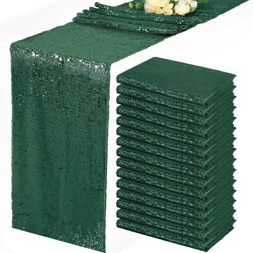 Paquete de 15 Caminos de Mesa Verde Esmeralda con Lentejuelas, Caminos de Mesa con Purpurina Brillante, Caminos con Lentejuelas Metálicas Brillantes