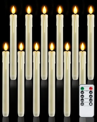 Miniatura 13 de Homemory 3 velas cónicas sin llama con temporizador remoto, velas blancas parpadeantes de 9.6 pulgadas, funciona con pilas, velas LED de plástico