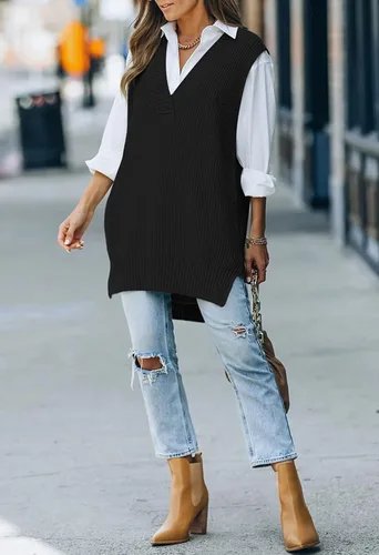 Miniatura 4 de Viottiset - Chaleco de punto con cuello en V y mangas sin costuras para mujer, tipo túnica, extragrande