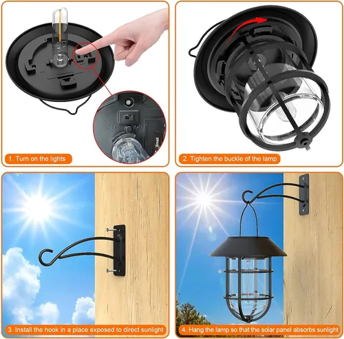 Miniatura 8 de Farol solar colgante para exteriores, luces solares impermeables de metal para exteriores con vidrio transparente, bombillas LED Edison decorativas