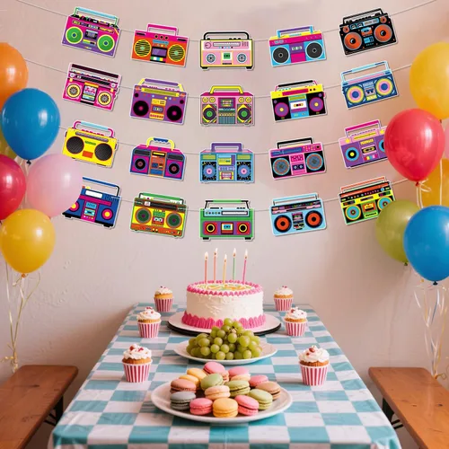Miniatura 6 de Cinta de cassette para decoración de fiestas, 4 pancartas de cinta de casete, 4 pancartas recortadas de caja de boom, decoración de fiesta de cinta