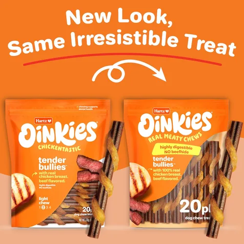 Miniatura 2 de Hartz Oinkies Tender Bullies con pechuga de pollo real y sabor a palito de carne real, altamente digerible y sin cuero crudo, 20