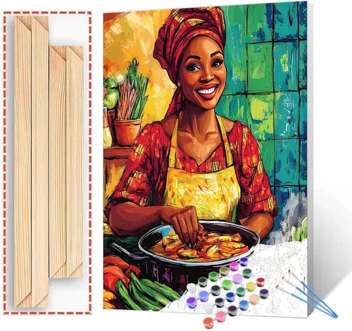 Miniatura 29 de Pintura de niña afro a la moda, kits de pintura por números, 16 x 20 pulgadas, lienzo de hojas tropicales, pintura al óleo para niños y adultos