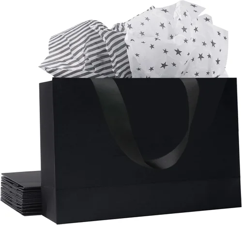 Cmecial 10 bolsas de regalo negras con papel de seda, bolsa de regalo grande de 12.6 pulgadas para regalos, bolsas de regalo negras grandes con asas