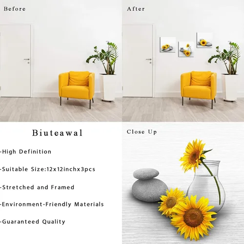 Miniatura 6 de Biuteawal Lienzo de girasol para pared, 3 piezas, pintura amarilla y gris, relajante con piedra zen, ilustraciones impresas para spa, baño, sala