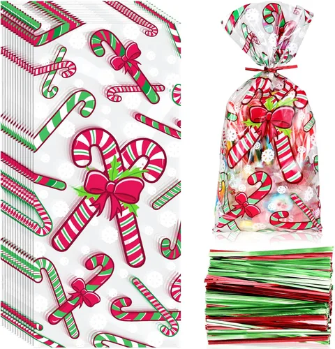 Zhanmai 150 piezas de bolsas de celofán para bastones de Navidad transparentes, bolsas de celofán para golosinas de Navidad, bolsas para buffet de