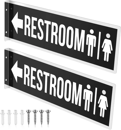 2 letreros de metal de doble cara de 12 x 4 pulgadas, bandera de baño de aluminio negro para negocios, baño, puerta, baños, decoración de pared con