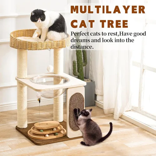 Miniatura 6 de Árbol moderno para gatos de interior con postes rascadores de cuerda de sisal, condominio tejido a mano y percha superior, nido de cápsula espacial