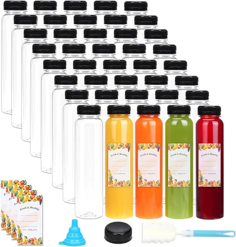 Miniatura 7 de Moretoes 40 botellas de jugo de 12 onzas, botellas de plástico vacías con tapas, contenedores reutilizables para bebidas a granel transparentes