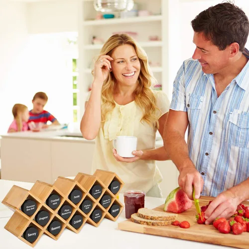 Miniatura 6 de Criss-Cross - Organizador de especias de bambú para encimera de 18 tarros, armario de cocina, armario de pared, almacenamiento de especias