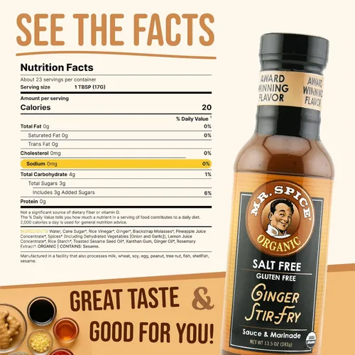 Miniatura 2 de Mr. Spice Salsa orgánica de jengibre para saltear, sin sal (0 mg/porción), sin gluten, salsas bajas en sodio para marinada, wok y freidora de aire