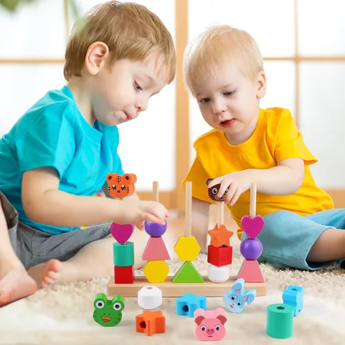 Miniatura 7 de Vinlon Montessori - Juego de juguetes para niños y niñas de 2, 3 y 4 años, lindos animales vivos colores para clasificar y apilar, bloques