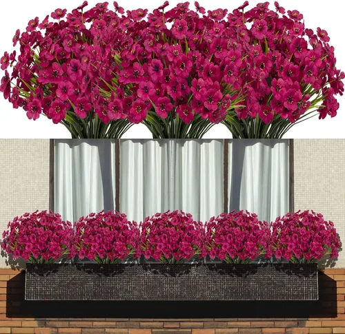 Miniatura 9 de Flores artificiales 15 racimos para exteriores, resistentes a los rayos UV, tela de plástico, plantas verdes para colgar macetas, cocina, hogar, Azul
