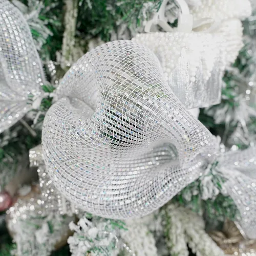 Miniatura 5 de HUIHUANG Cinta de malla decorativa de plata de 10 pulgadas de ancho deluxe, malla de plata blanca láser para Navidad, suministros para hacer Lámina