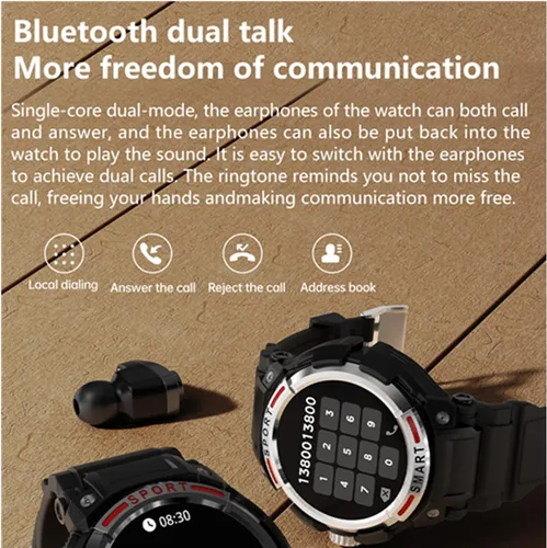 Miniatura 3 de Tuanzi GT100 2 en 1 Smartwatch con auriculares TWS 1.43 pulgadas 128MB Ronda impermeable Música MP3 Altavoz NFC Smart Watch Bluetooth Auriculares