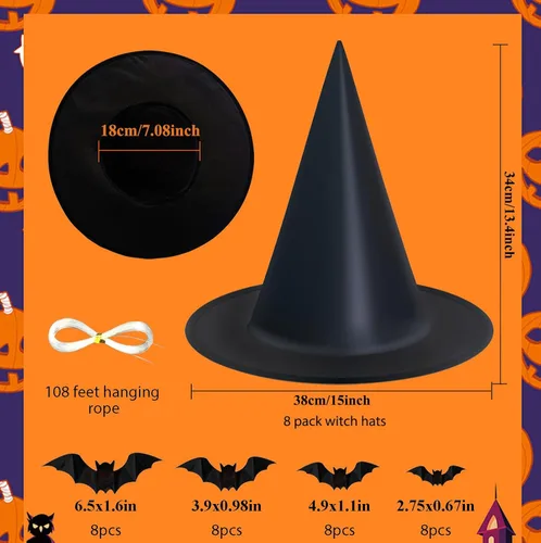 Miniatura 2 de Decoraciones colgantes de Halloween para interiores y exteriores, sombreros de bruja, paquete de 8 sombreros de bruja de Halloween con cuerda de 108