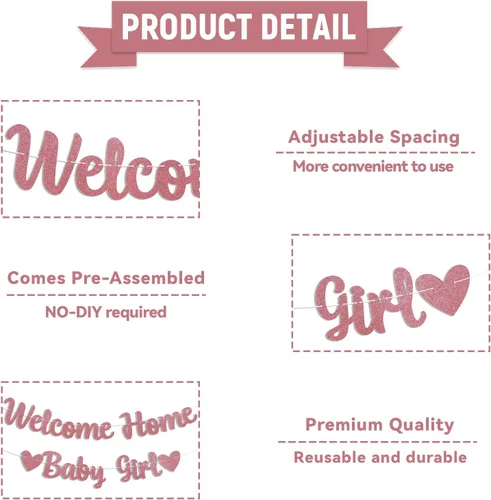 Miniatura 4 de Cartel de bienvenida a casa para bebé, decoración rosa para baby shower, revelación de género, decoración interior y exterior, purpurina dorada rosa