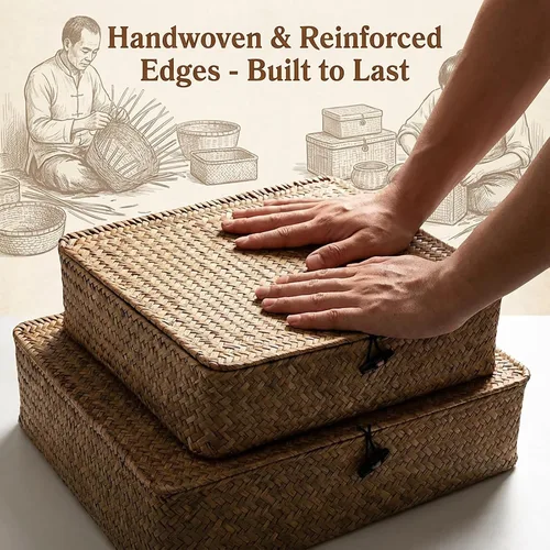 Miniatura 9 de Elsjoy Paquete de 2 cubos de almacenamiento planos de mimbre tejido con tapa y palanca de madera, juego de cestas de hierba marina naturales hechas