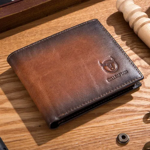Miniatura 2 de BULLCAPTAIN Carteras RFID para hombres Slim Bifold Cuero Genuino Bolsillo Frontal Cartera con 2 ID Windows QB-05, Marrón, Retro