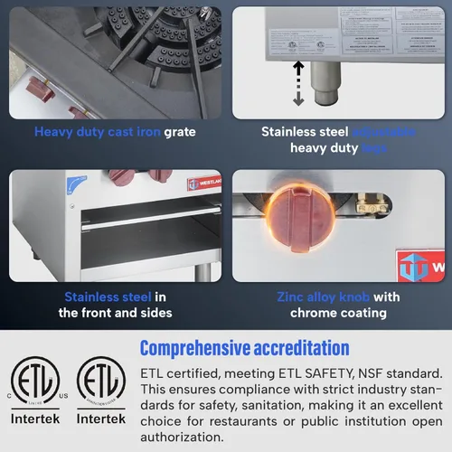 Miniatura 5 de WESTLAKE Gama de ollas de gas comercial, 2 quemadores de gas natural y propano con 80000 x 2 BTU, estufa de cocina de encimera de 18 pulgadas