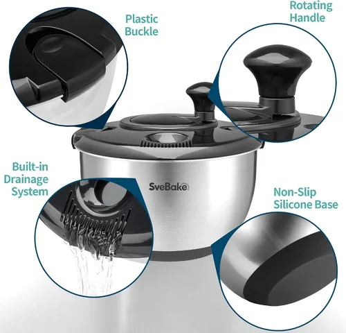 Miniatura 3 de Escurridor de ensalada de acero inoxidable, lavadora de verduras de 4.8 Qt, secador de lechuga sin BPA con diseño de manivela, apto para negro