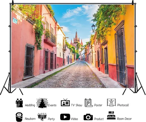 Miniatura 2 de Telón de fondo colorido de la calle de la ciudad de México, 5 x 3 pies, fondo de fotografía de casa, escenario de callejón, fiesta mexicana