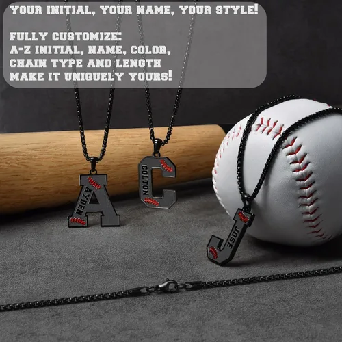 Miniatura 4 de Ldurian Collar personalizado con nombre de béisbol, cadena negra de acero inoxidable, collar con nombre deportivo, letra A-Z de 24 pulgadas, regalos