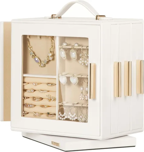 Homde Joyero de regalo de Navidad con rotación de 360, organizador de aretes y collar con ventana transparente, espejo, 7 cajones, estuche de
