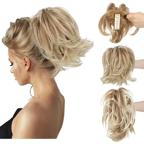 Miniatura 13 de CJL HAIR - Extensiones de cabello con pinza de garra para cola de caballo corta, trenza desordenada, sintéticas, maleables, para mujeres, cabello