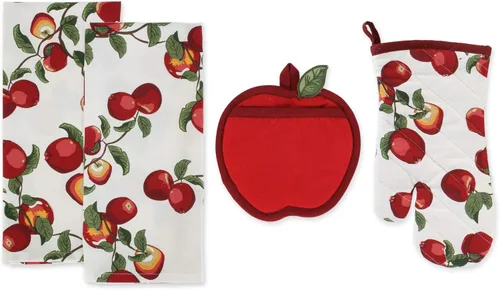 DII Colección Juego de Regalo de Cocina, Agarrador de Ollas, Guante de Horno y 2 Toallas de Cocina, Huerto de Manzanas, 4 Piezas