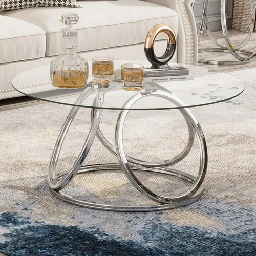 Miniatura 7 de Mesa de café plateada O&K FURNITURE, mesa de café moderna de cristal para sala de estar con marcos en forma de anillo, mesa de café de cristal