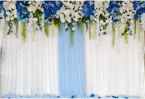 Telón de fondo de poliéster de 5 x 3 pies, flores blancas y azules, decoración floral, fondo de fotografía, cortina azul y blanco, ceremonia de
