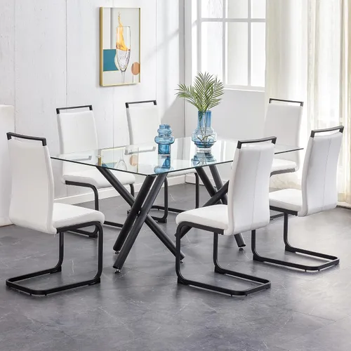Miniatura 26 de Juego de mesa de comedor de cristal para 6,71 pulgadas, mesa de comedor para 6, mesa de cocina rectangular grande de vidrio templado y 6 sillas