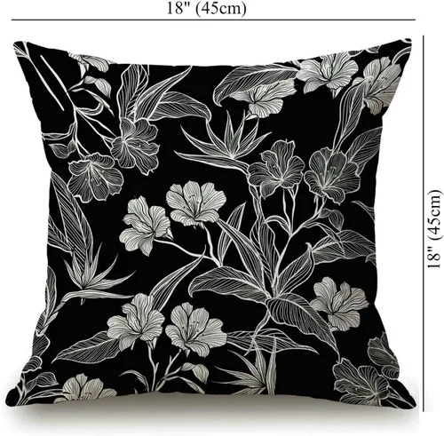 Miniatura 4 de Solekla Funda de almohada cuadrada de lino y algodón con flores blancas y negras, funda de cojín decorativa para sofá de 18 x 18 pulgadas Sl157