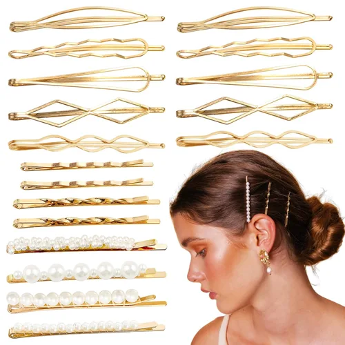 Miniatura 8 de 18 pinzas de pelo de metal geométrico dorado para mujeres y niñas, pinzas para el cabello de perlas preppy para novia, elegante juego de pasadores