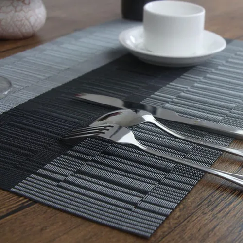 Miniatura 3 de Manteles individuales para mesa de comedor, lavables y fáciles de limpiar, camino de mesa de PVC (1 camino de mesa y 6 manteles individuales, negro)
