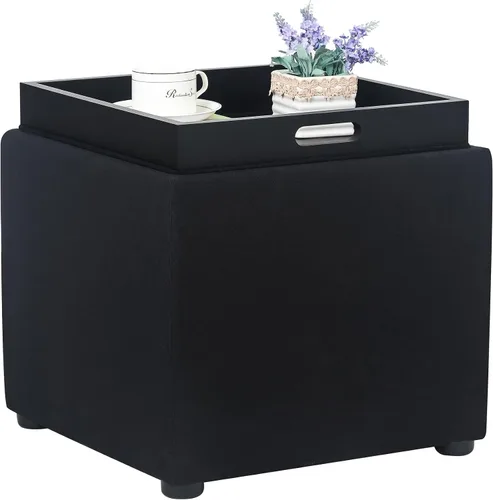 Miniatura 16 de Adeco Otomana de almacenamiento cuadrado de 17" con tapa de bandeja reversible, reposapiés de pana para sala de estar, pequeña mesa de café y mesa