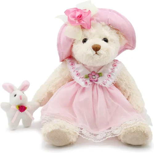 Miniatura 10 de Oitscute - Oso de peluche pequeño para bebé con tela, lindo animal de peluche suave de 10 pulgadas (vestido rosa con conejo)